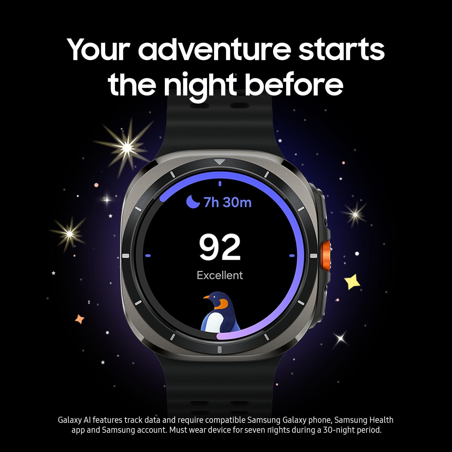 Samsung Galaxy Watch Ultra display on with activity metrics for on-the-go convenience