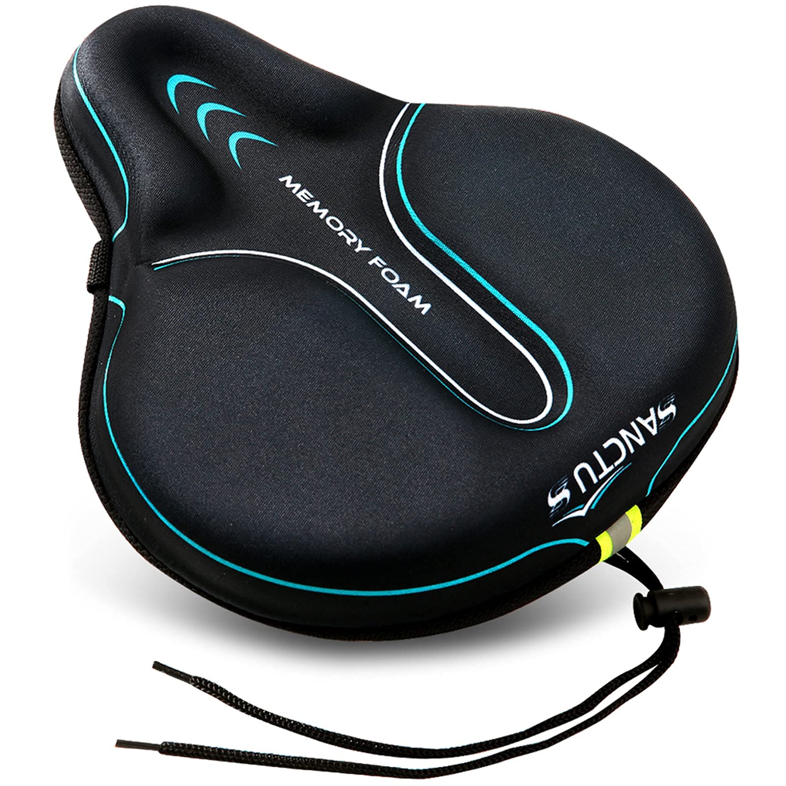 Sanctus front view of blue memory foam seat cover showing comfort benefit