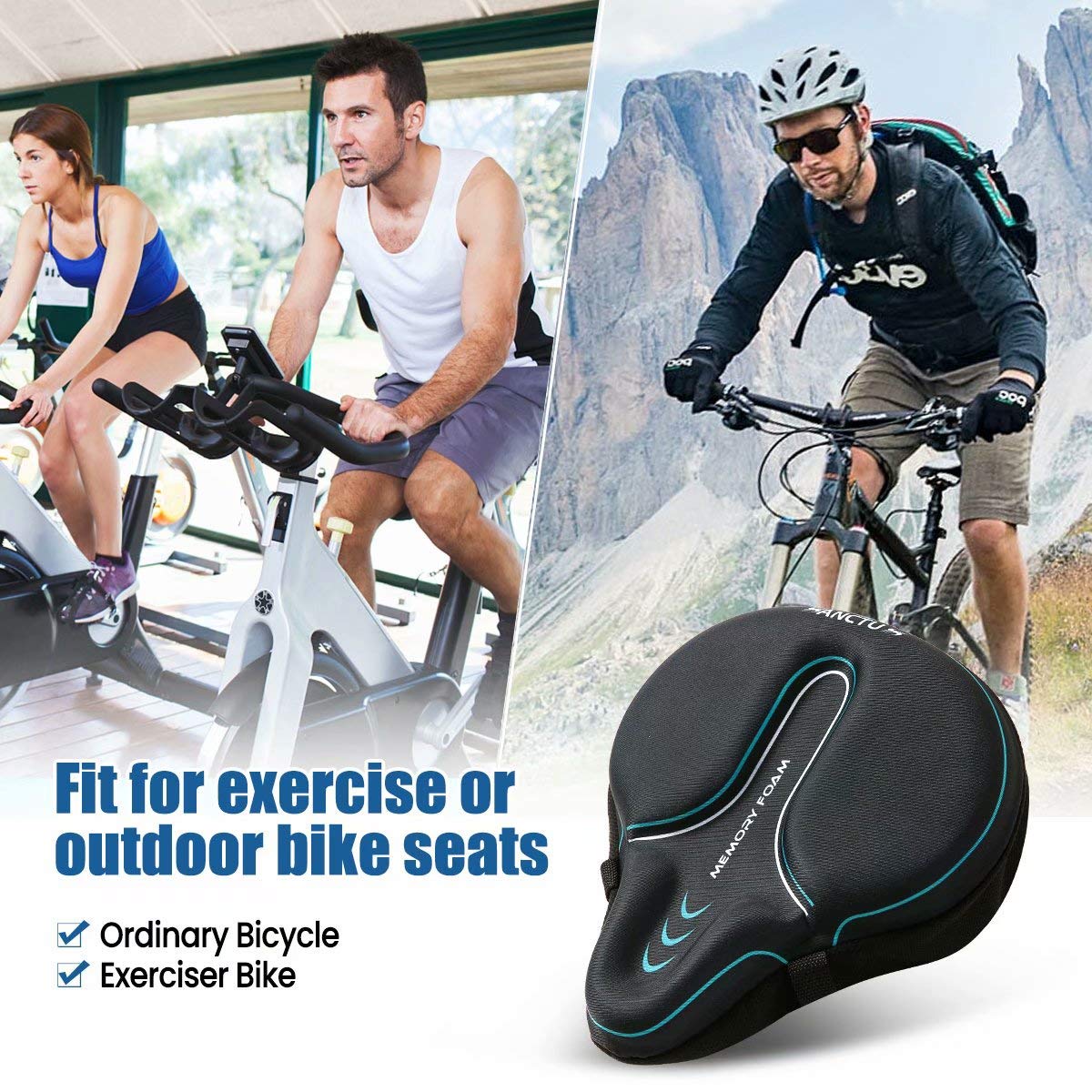 Sanctus padded seat cover installed on cruiser bike showing added comfort benefit