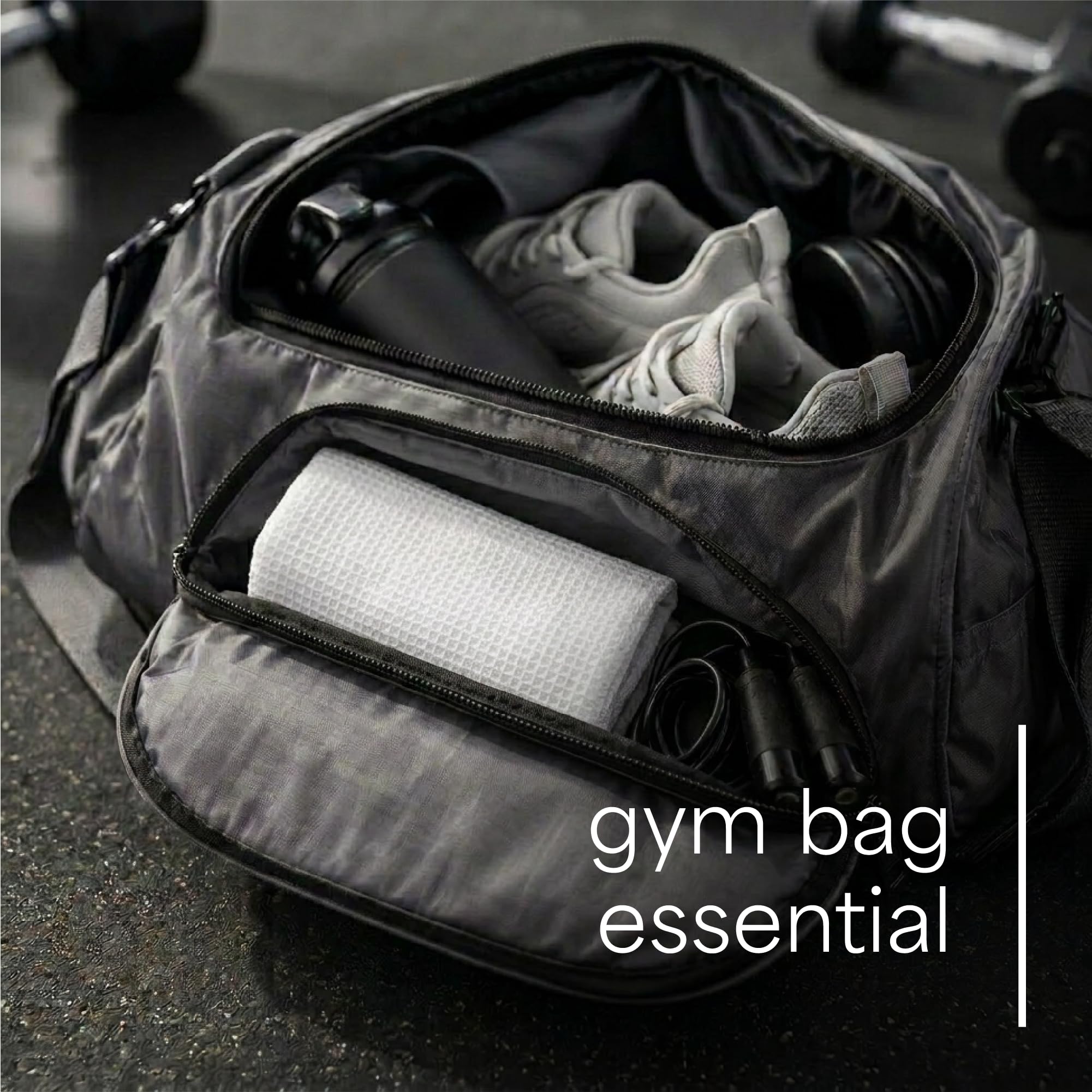 S&T INC. folded towel in gym bag, compact packing and travel ready