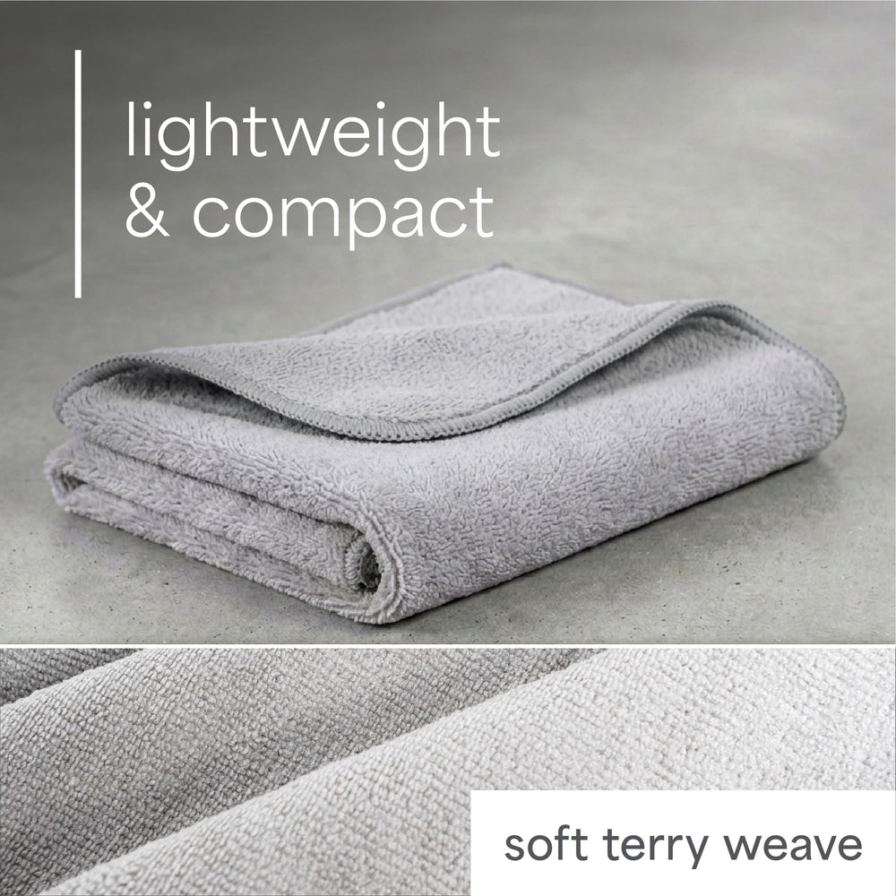 S&T INC. towel beside water bottle showing 16x27 size and portability