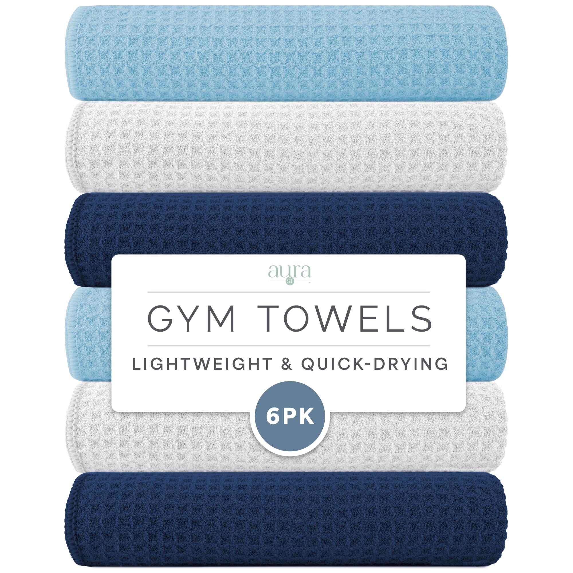 S&T INC. front packaging showing six assorted blue towels, convenient set