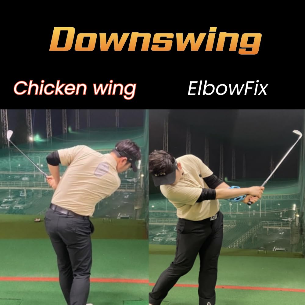 sangsang ElbowFix shown beside golf bag to illustrate compact size and easy storage