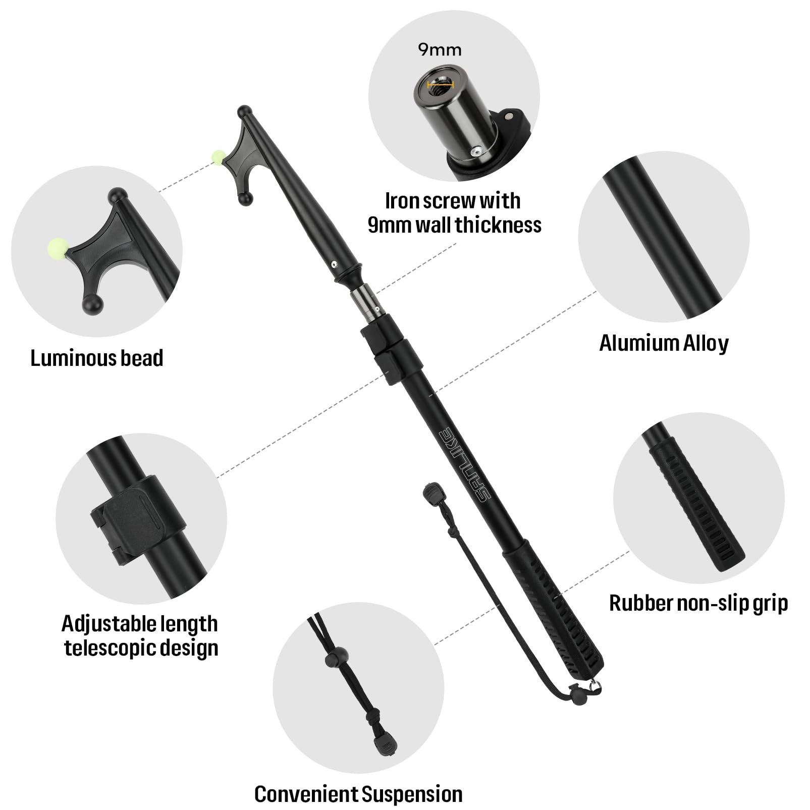 SANLIKE fully extended telescopic boat hook demonstrating maximum reach for docking