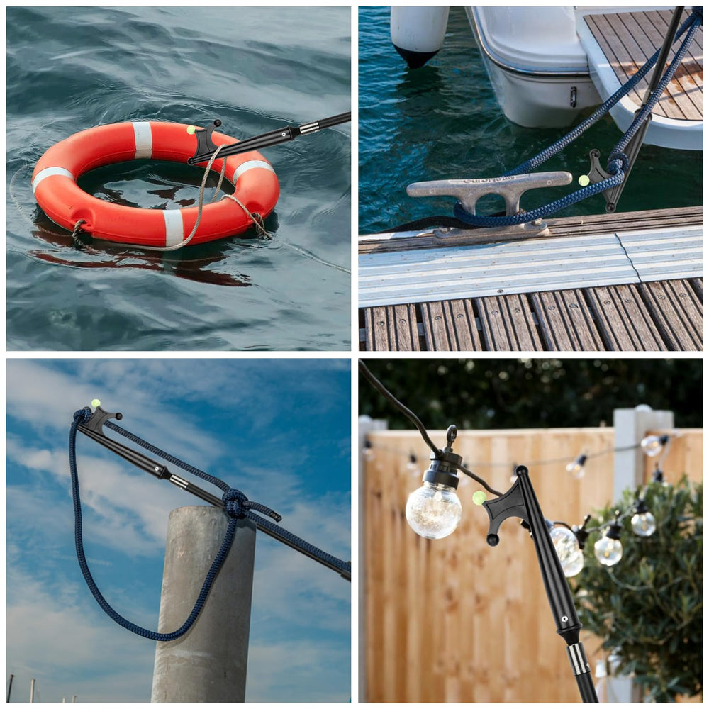SANLIKE boat hook in use hauling a floating line to the dock for easy retrieval