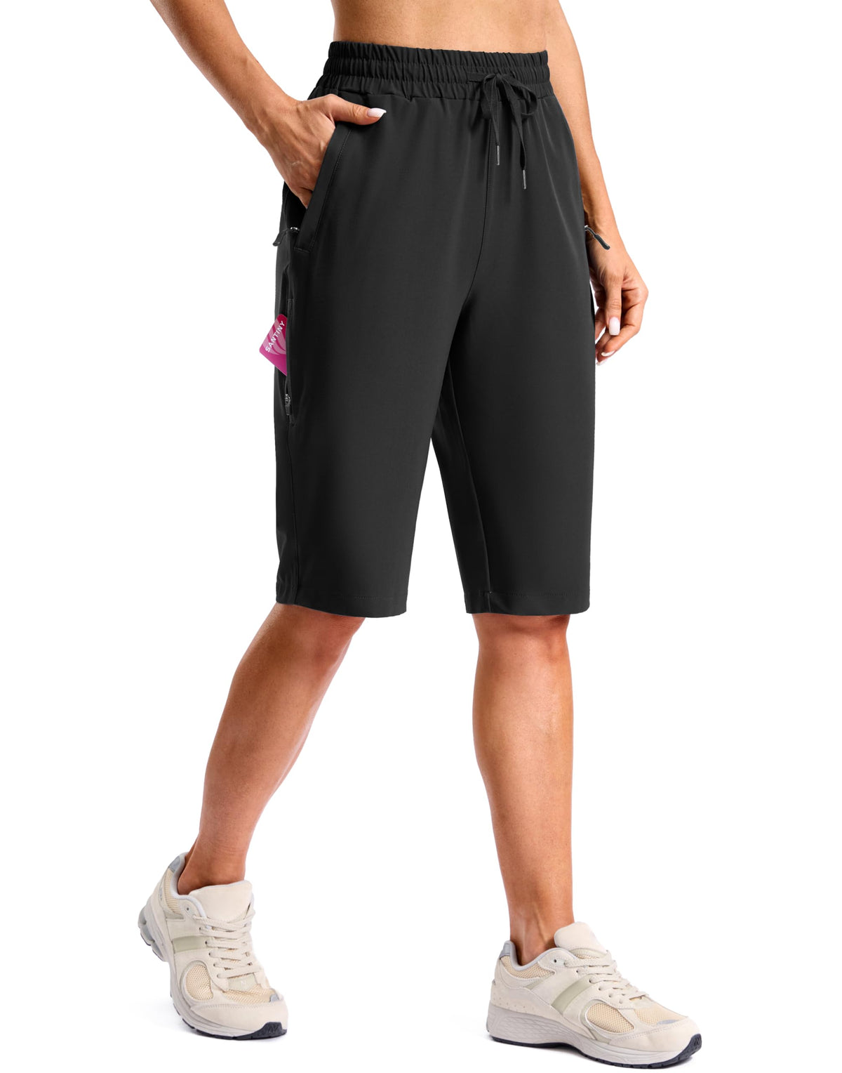 SANTINY front view of black long hiking shorts showing fit and pockets, comfortable mobility