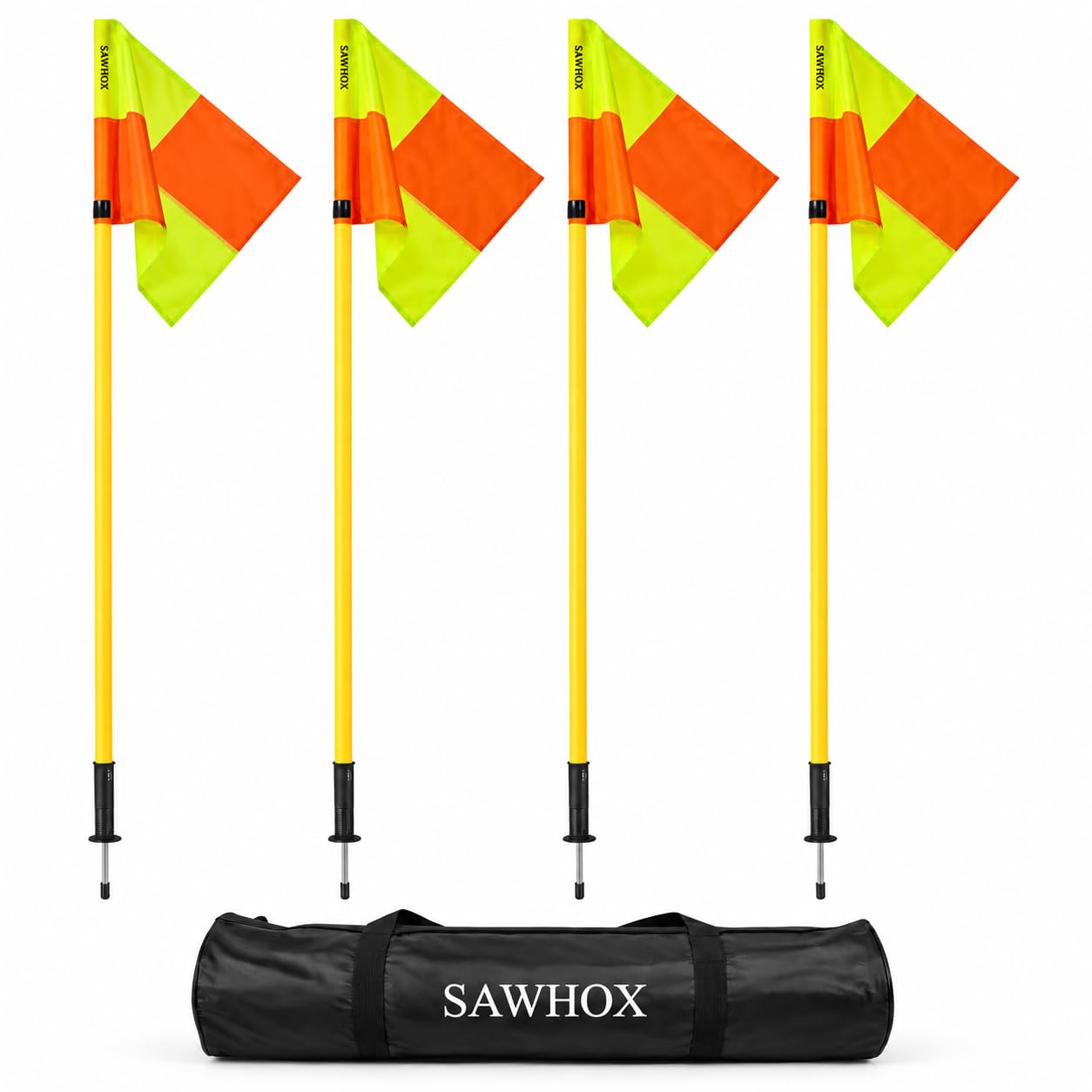 SAWHOX corner flags front view showing kit benefits and clear field marking