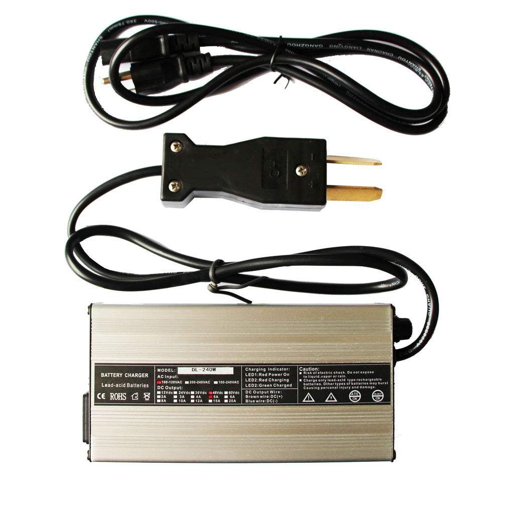 ScaAuto 48V charger front view showing compact design and ports, reliable charging