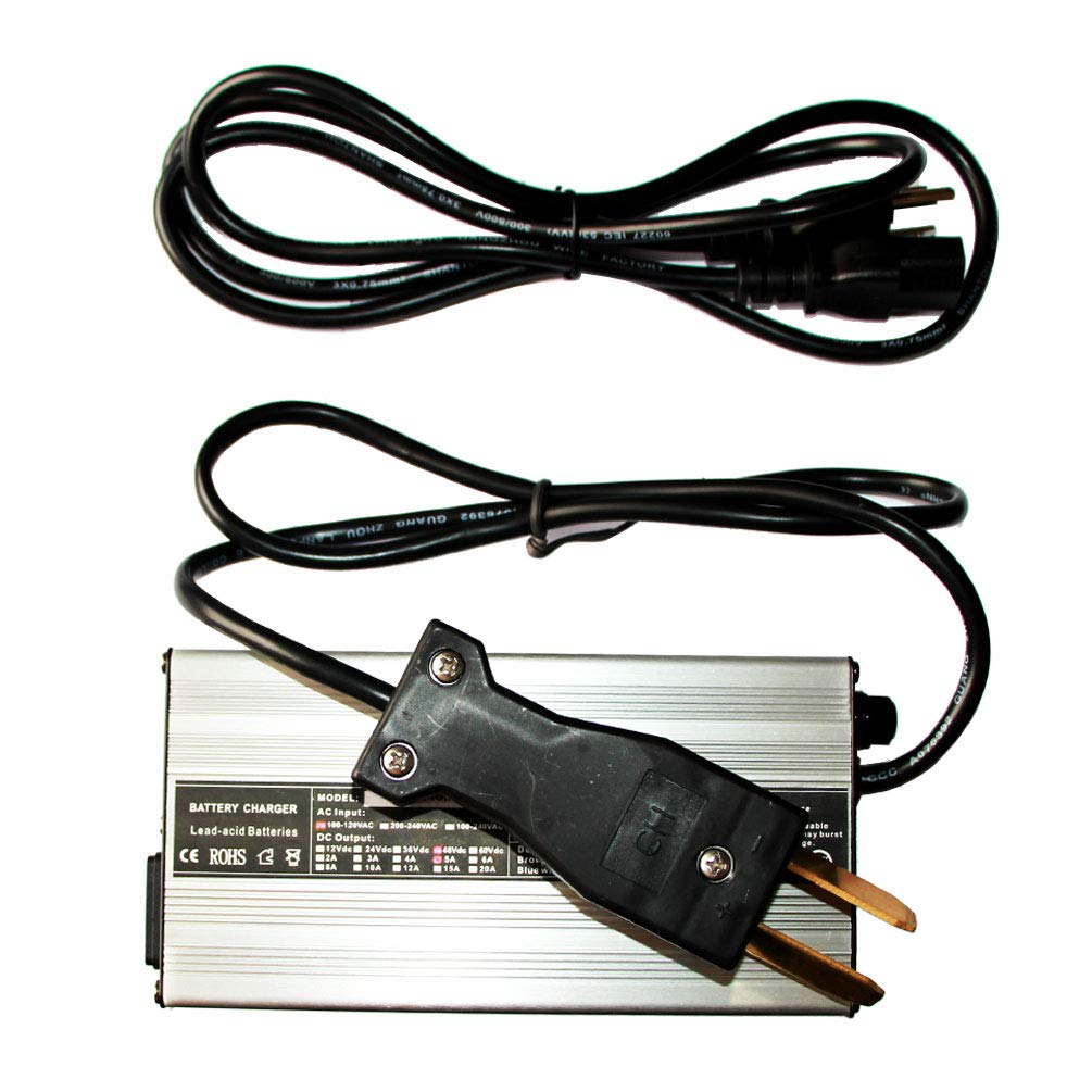 ScaAuto charger connected to a golf cart battery demonstrating safe charging in use