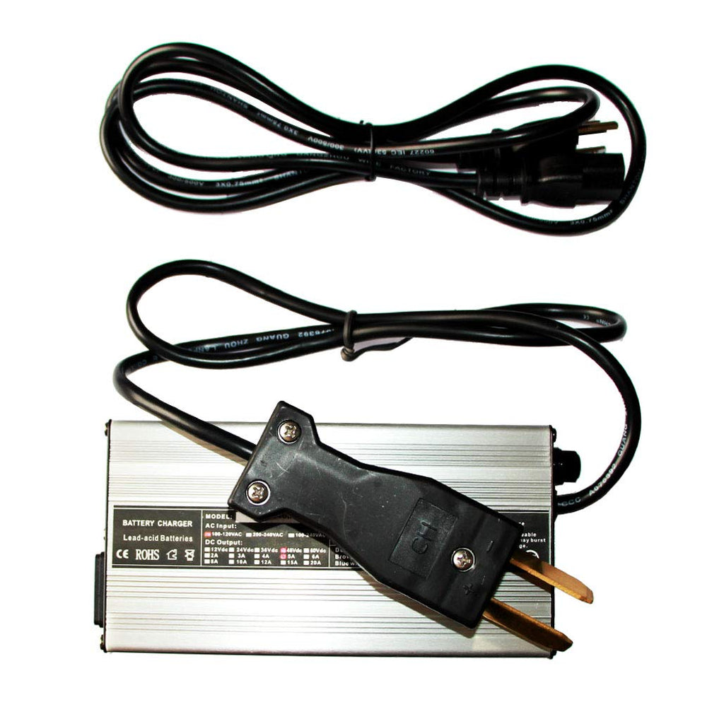 ScaAuto charger connected to a golf cart battery demonstrating safe charging in use
