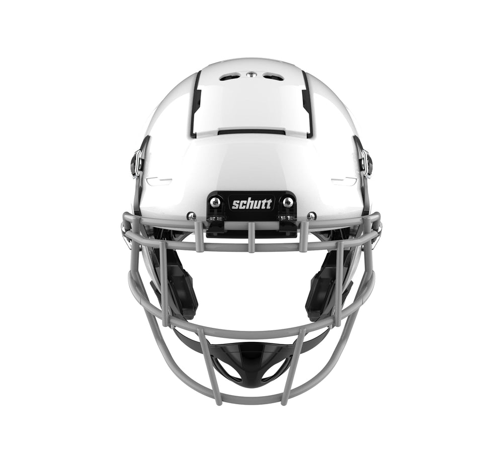 Schutt carbon steel facemask close-up highlighting durable protection and clear sightlines