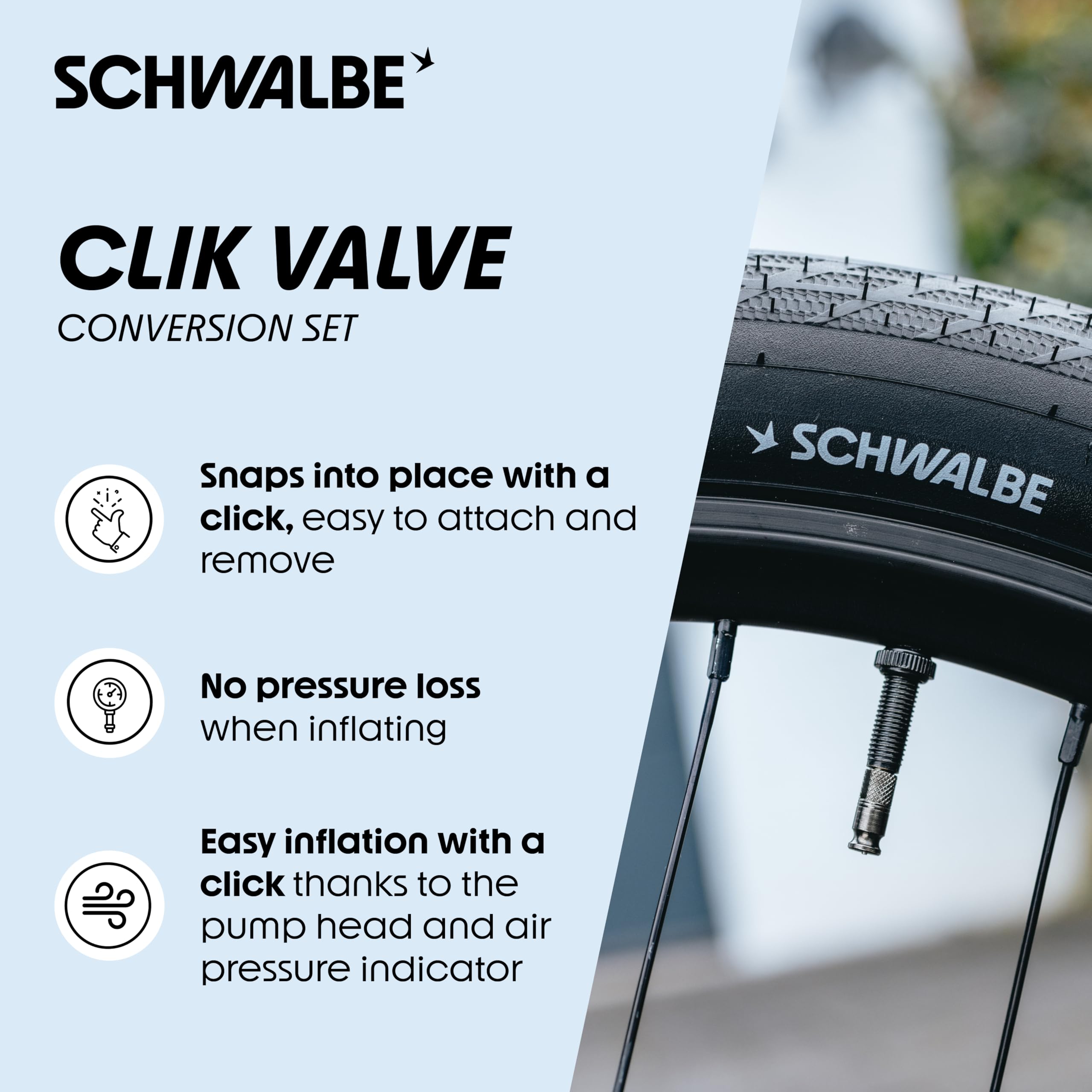 Schwalbe closeup of pump head highlighting secure click connection and faster inflation benefit