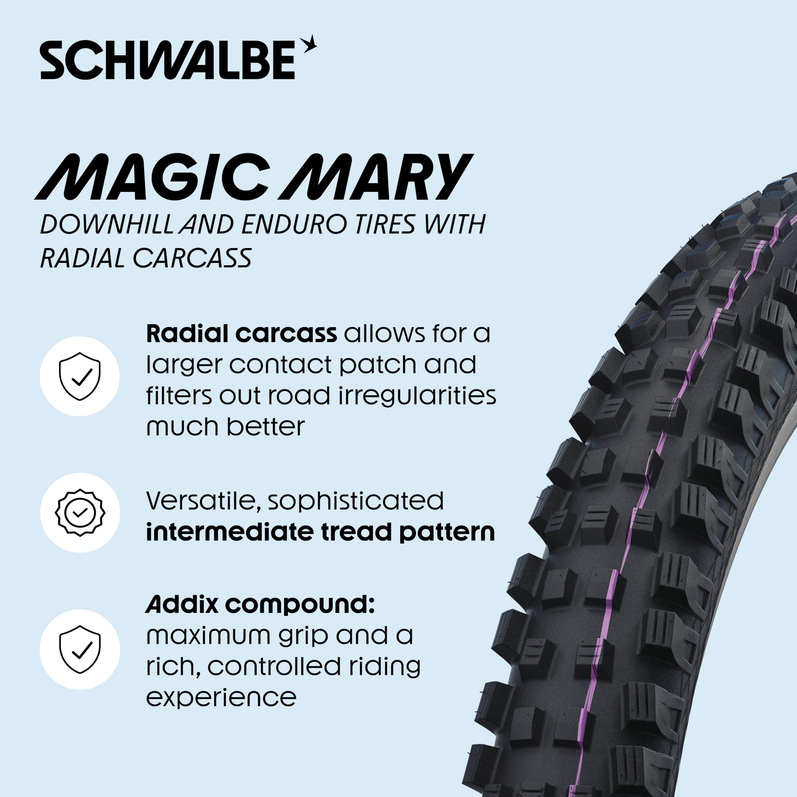 Schwalbe Magic Mary tread close-up highlighting V-grooves and self-cleaning benefit