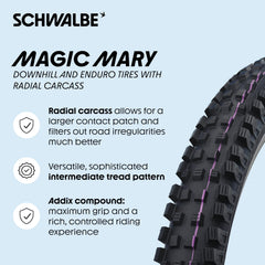 Schwalbe Magic Mary tread close-up highlighting V-grooves and self-cleaning benefit
