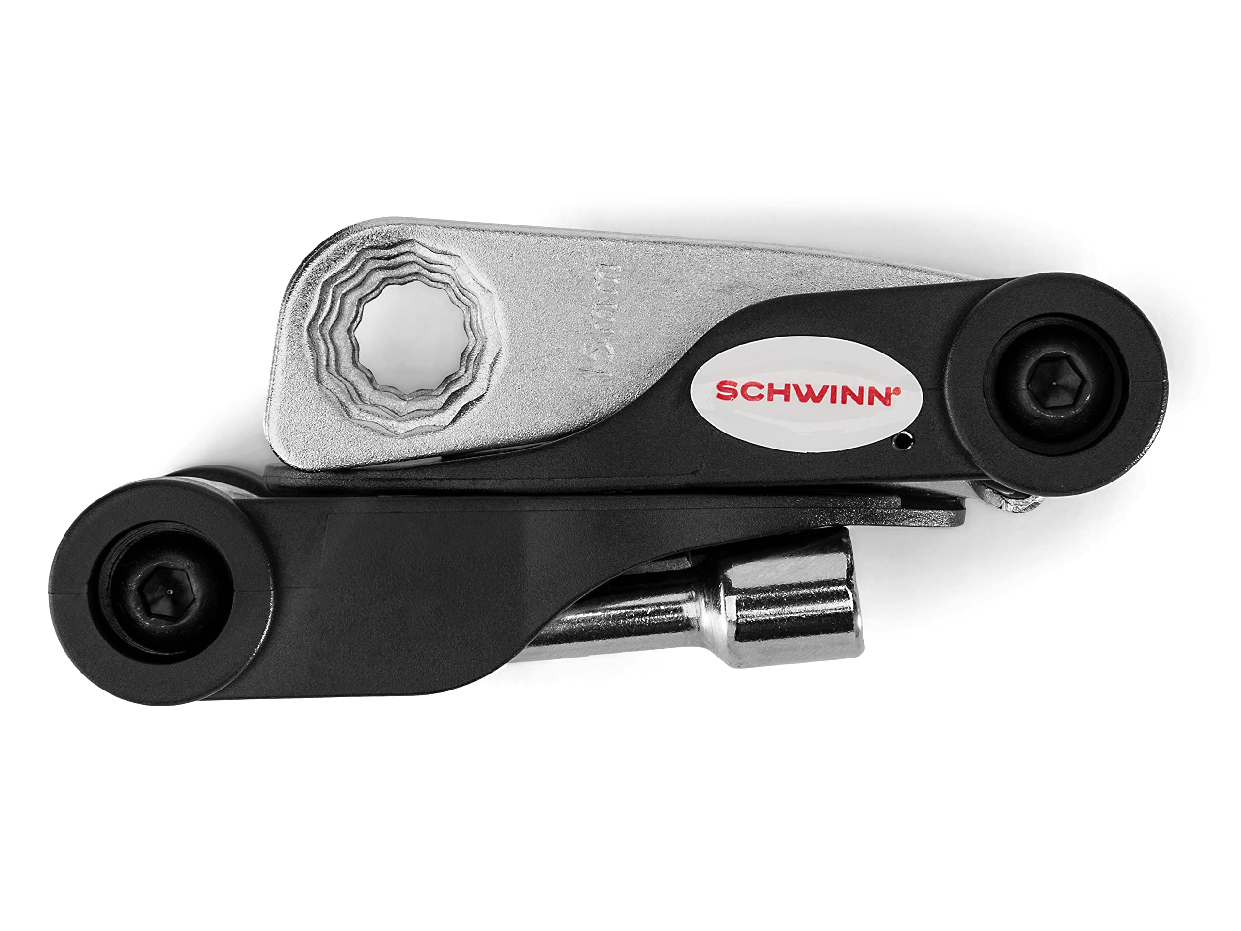 Schwinn multi-tool closeup of tire levers demonstrating safe tire removal advantage