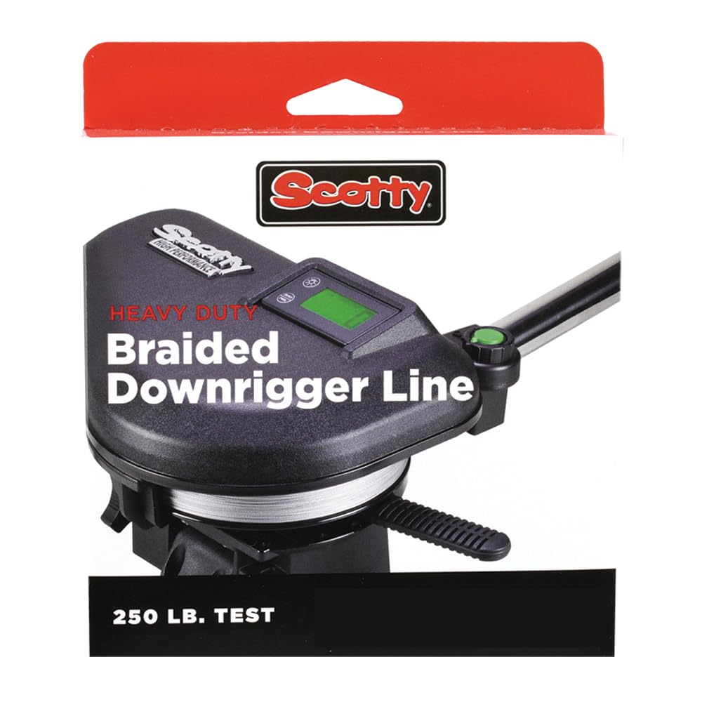 Scotty 2202K front spool and label showing length and 250lb strength benefits