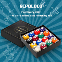 Scpoloco cue ball beside numbered balls showing clear markings and true balance