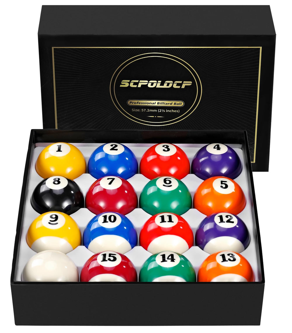 Scpoloco front view of full 16-ball set showing bright colors and clarity for confident play
