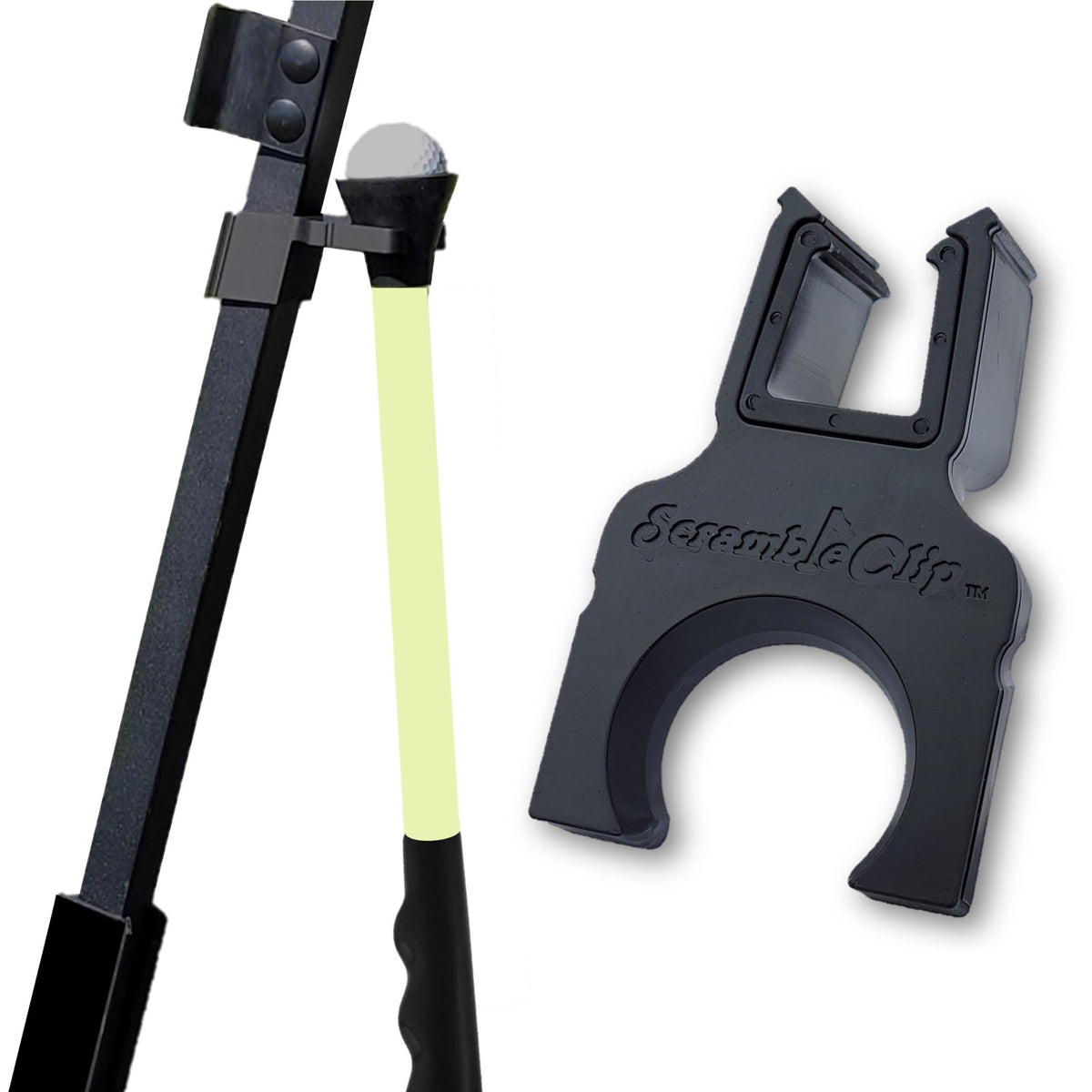 ScrambleClip front on cart strut shows secure placement and easy access