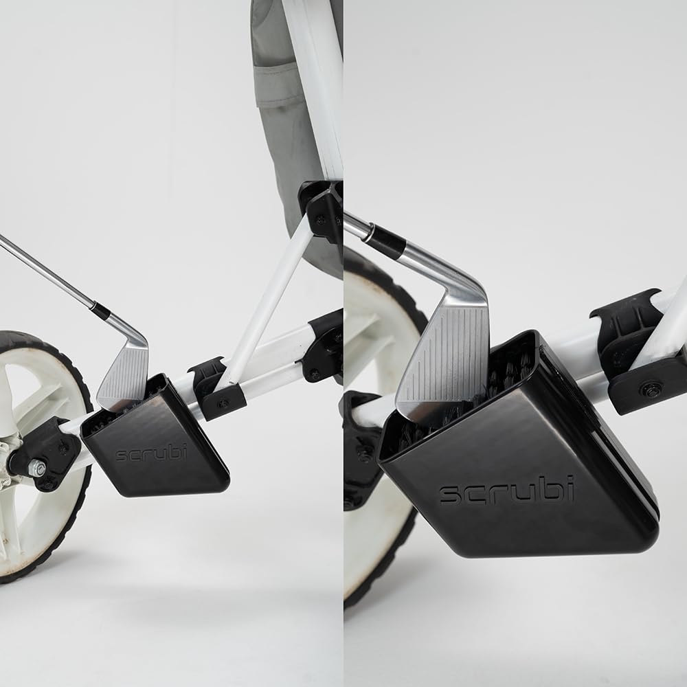 Scrubi beside a golf ball showing compact size for convenient storage
