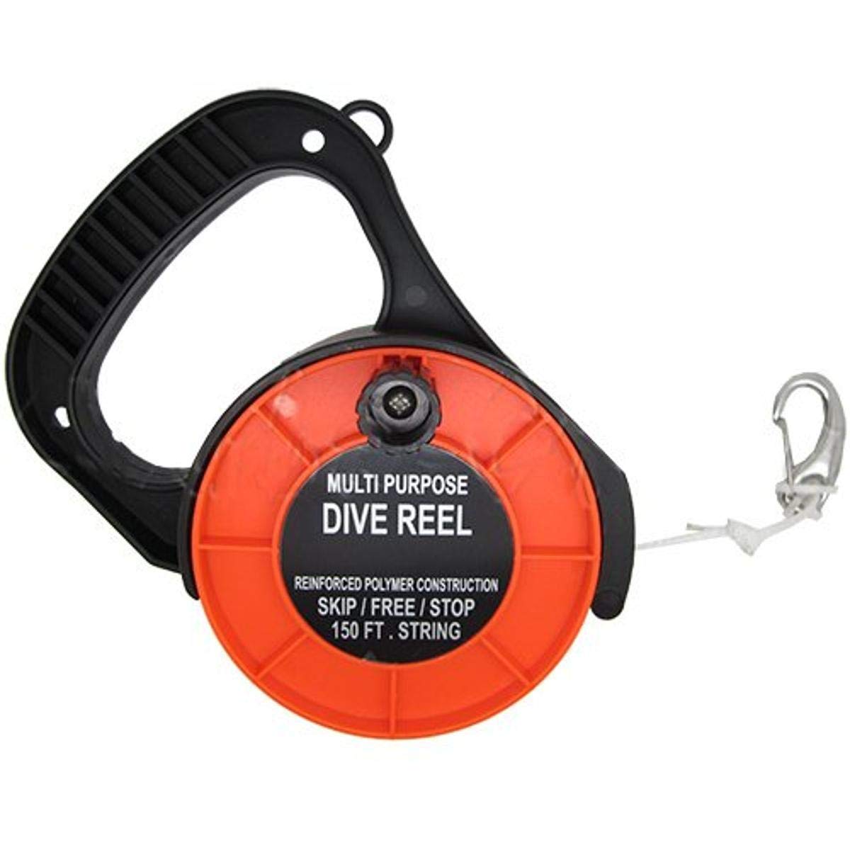 Scuba Choice orange reel front view showing clip and handle for easy attachment
