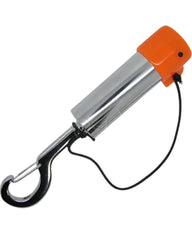 Scuba Choice orange rattle stick front view clipped to tank for quick safety signaling