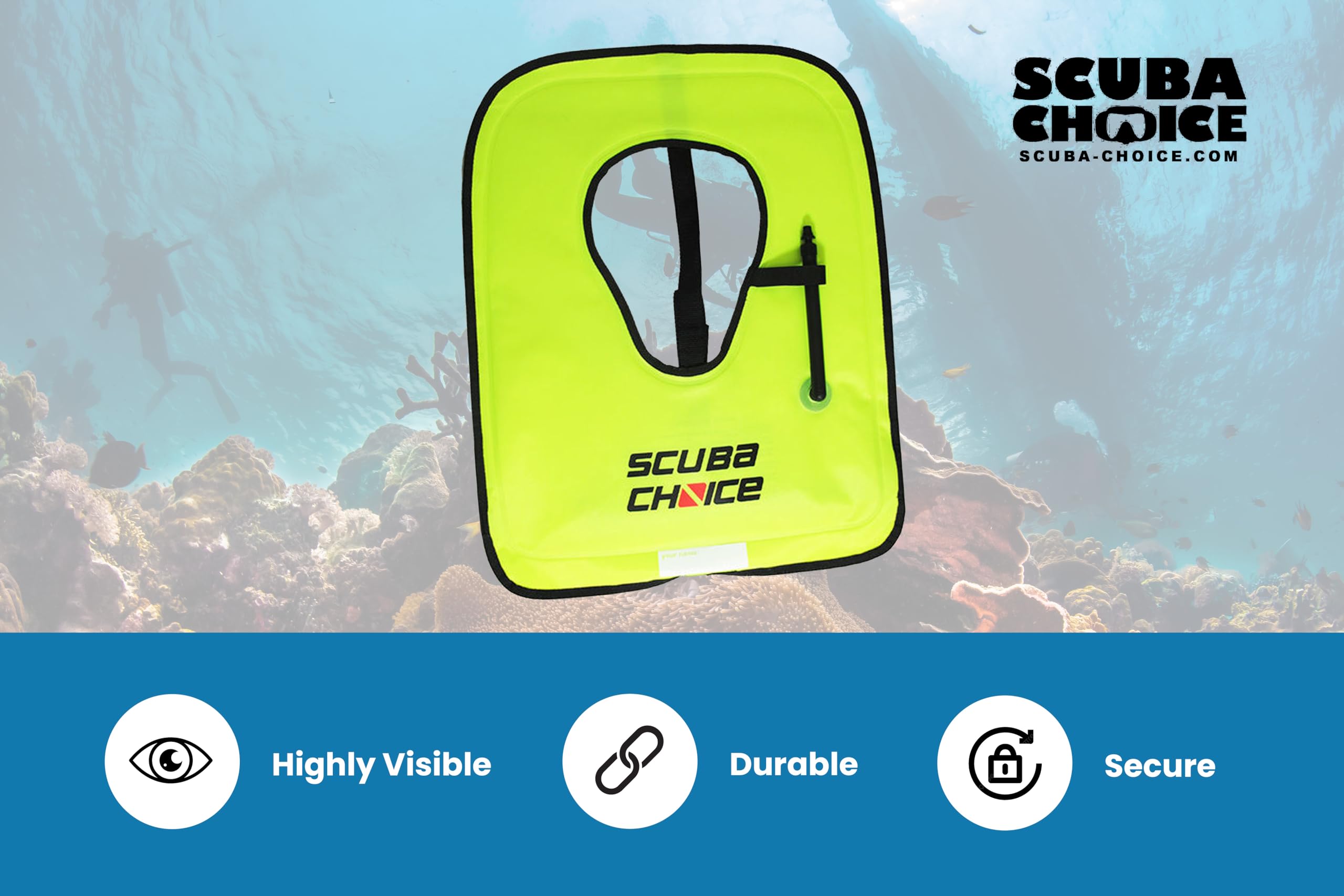 Scuba Choice size dimensions overlay showing 27 by 19 inch coverage