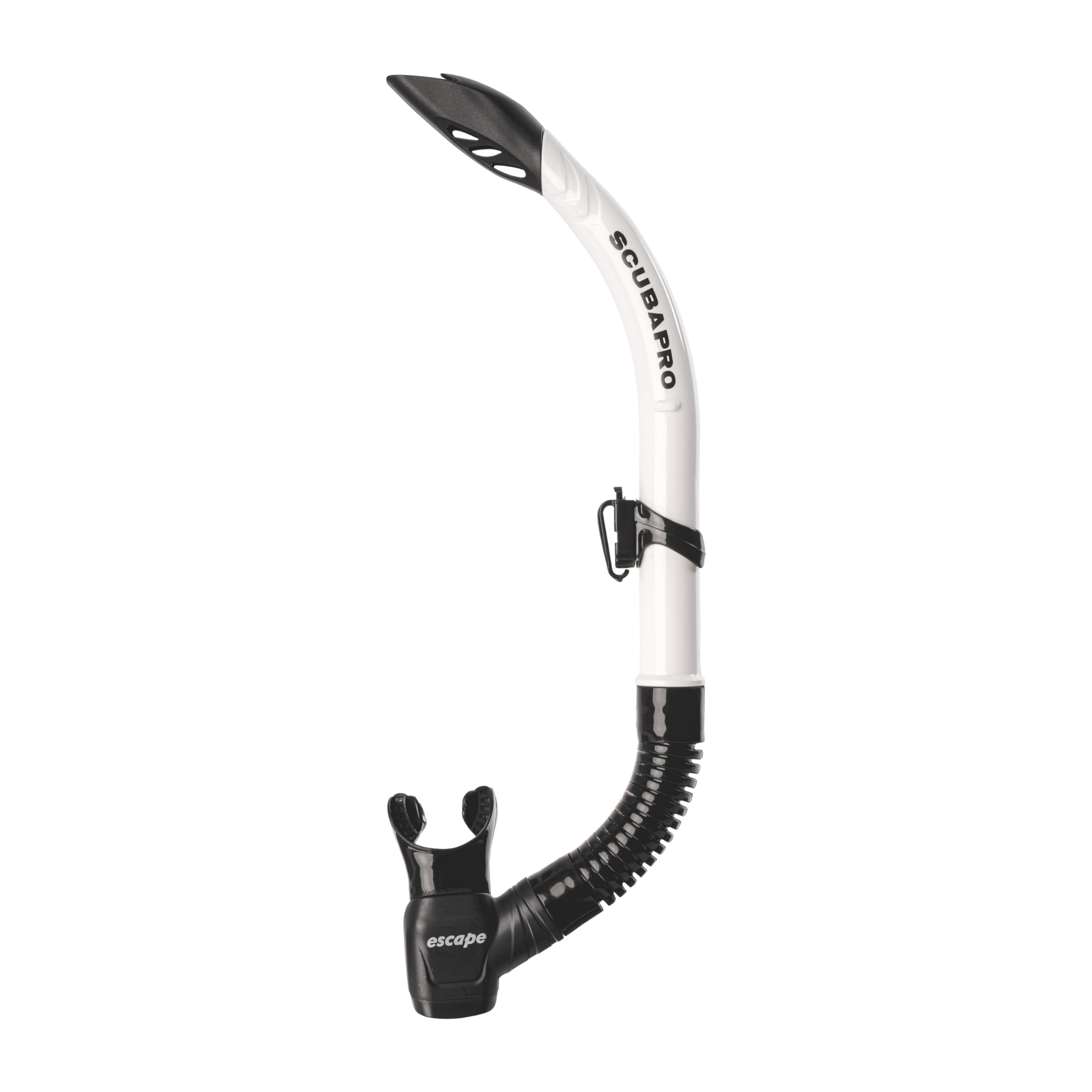 SCUBAPRO Escape white snorkel front view showing large-bore barrel and clip for easy breathing