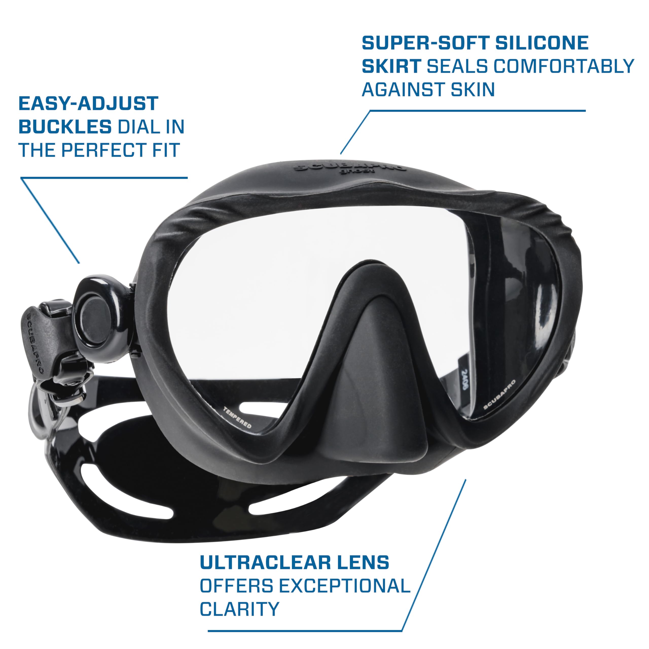 SCUBAPRO Ghost buckle and push-button strap for quick adjustment and removal