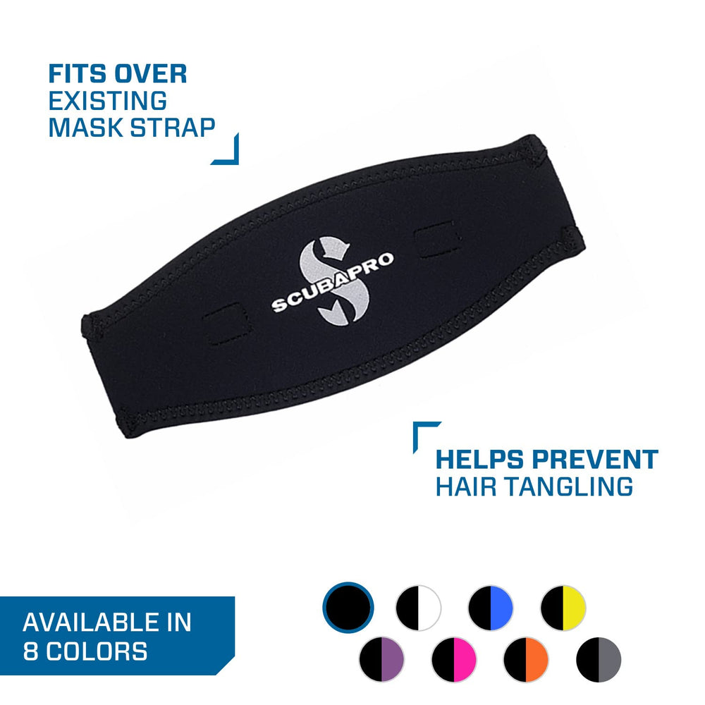 SCUBAPRO neoprene strap close-up texture highlighting cushion and hair-protection benefit