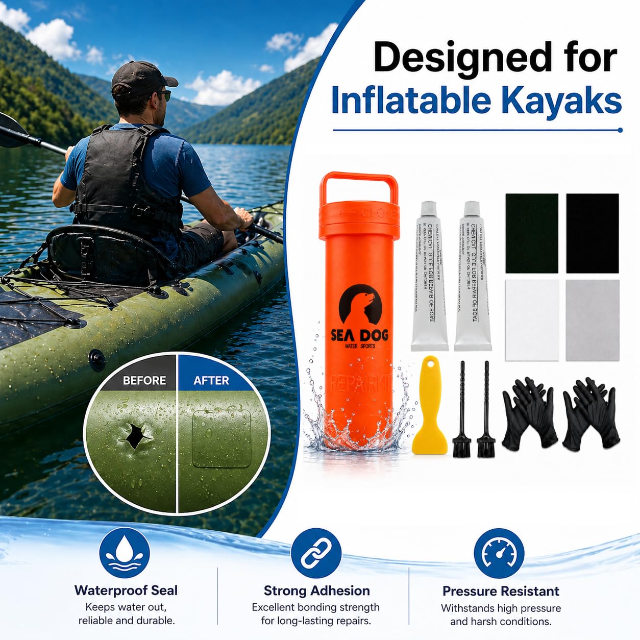 SEA DOG WATER SPORTS adhesive tubes and brush ready for controlled application