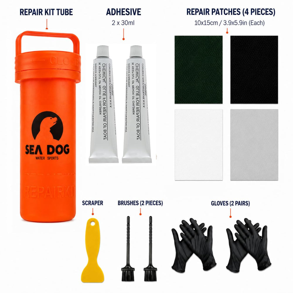 SEA DOG WATER SPORTS kit on dock with inflatable boat for quick on-site repair