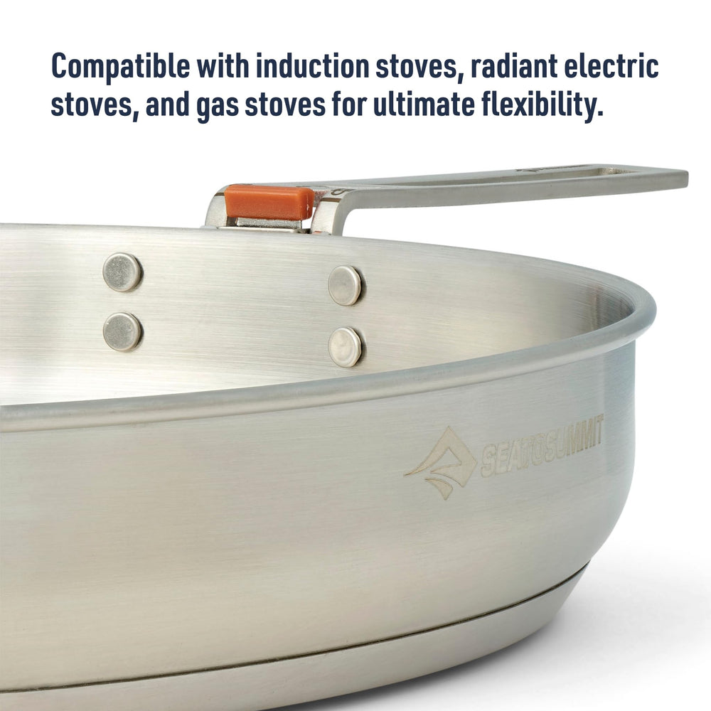 Sea to Summit Detour pan in use over a gas stove showing stable heat performance for outdoor cooking