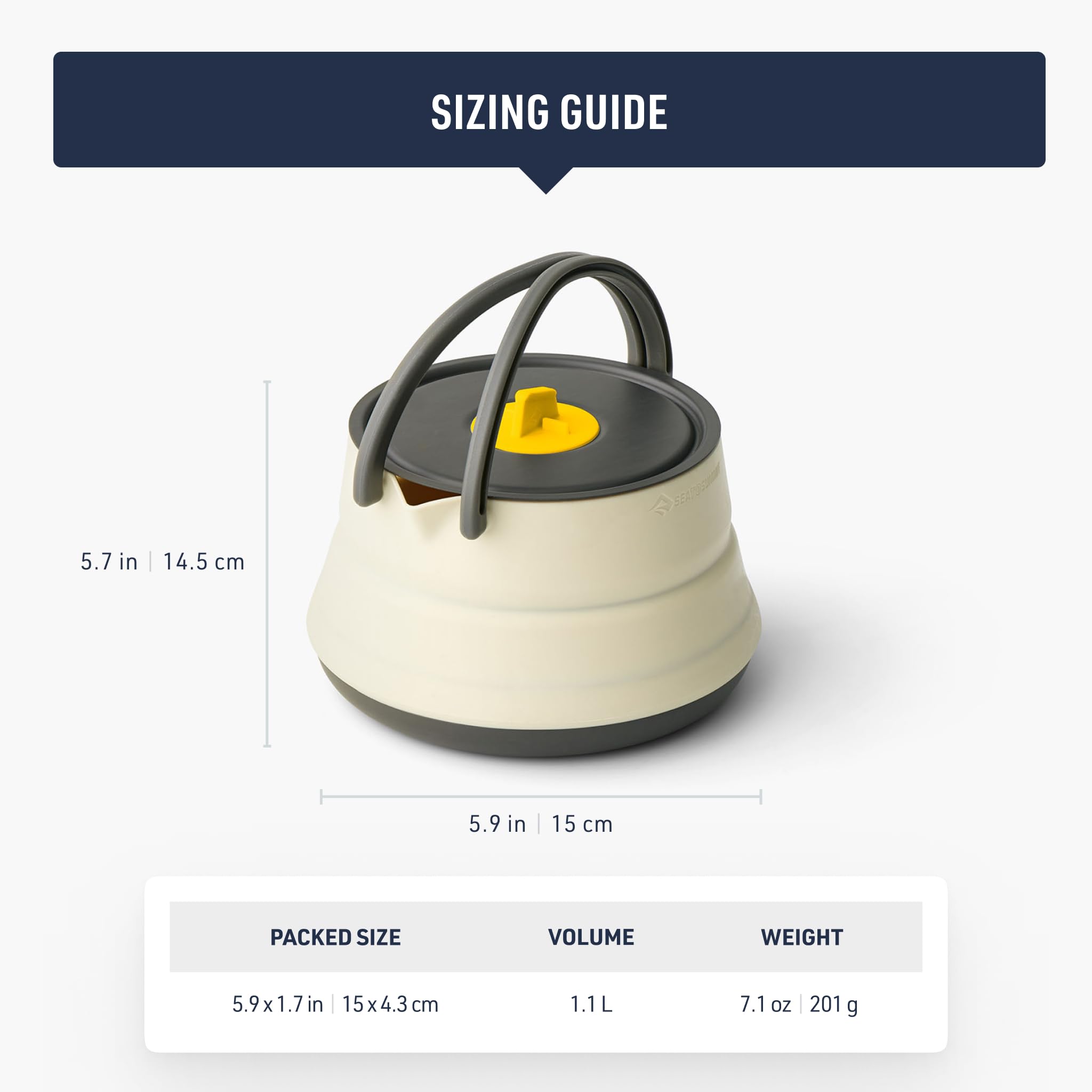 Sea to Summit kettle beside a mug showing 1.1L capacity scale