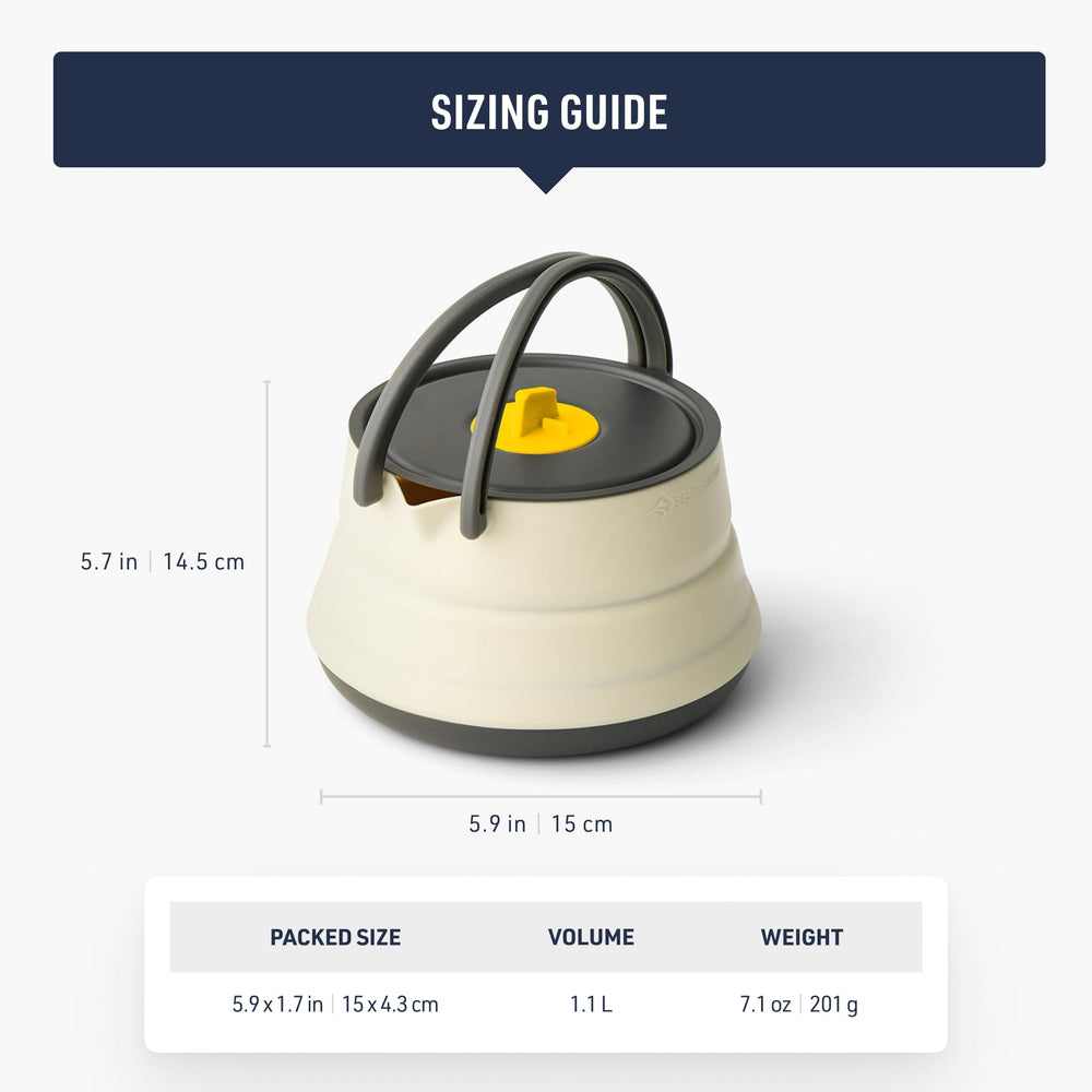Sea to Summit kettle beside a mug showing 1.1L capacity scale
