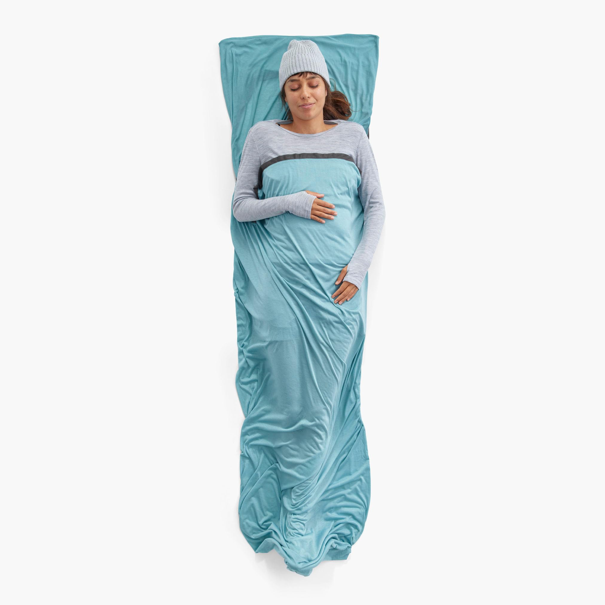 Sea to Summit liner inside a rectangular sleeping bag showing fit and coverage