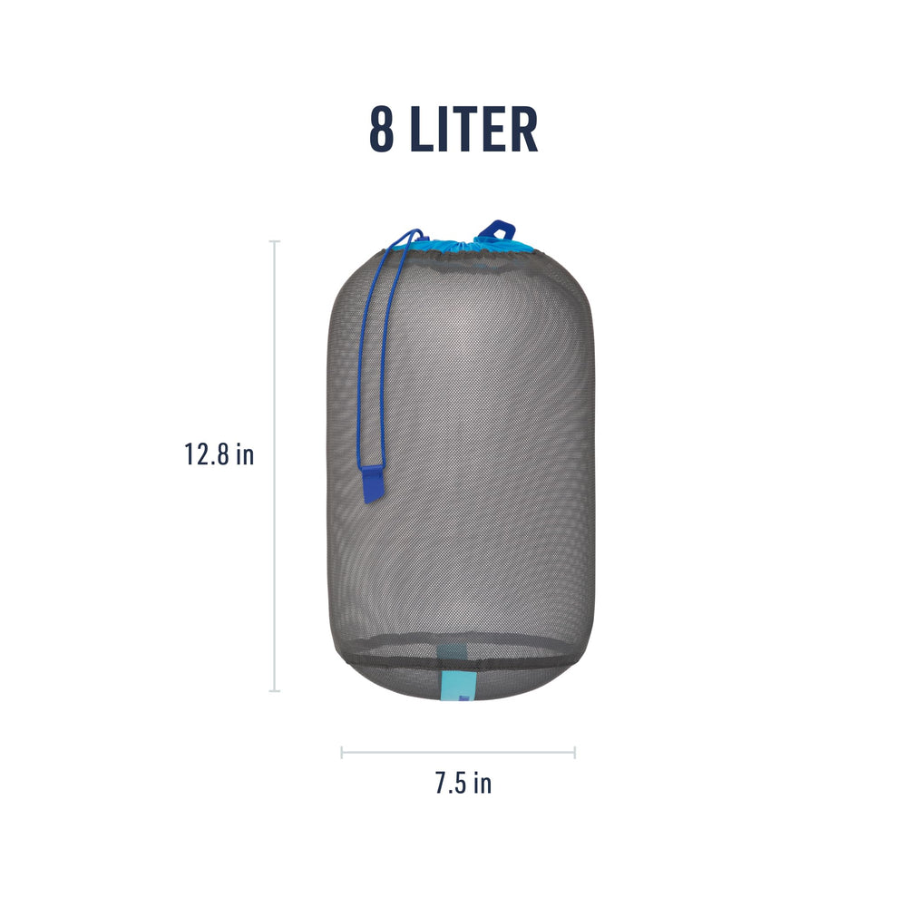 Sea to Summit next to a water bottle showing 8L scale and compact packing advantage