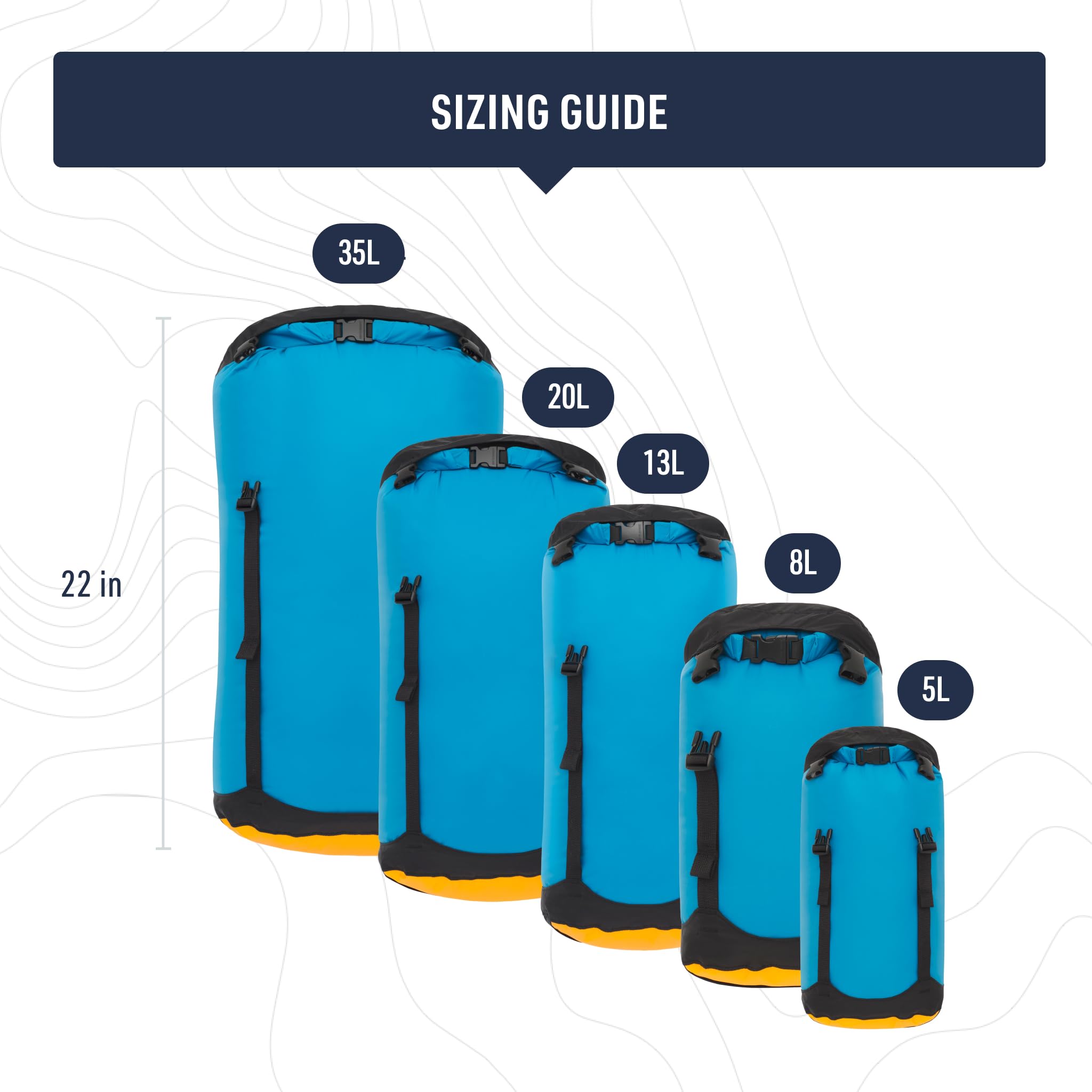 Sea to Summit eVac beside a water bottle showing 5L size and packable benefit