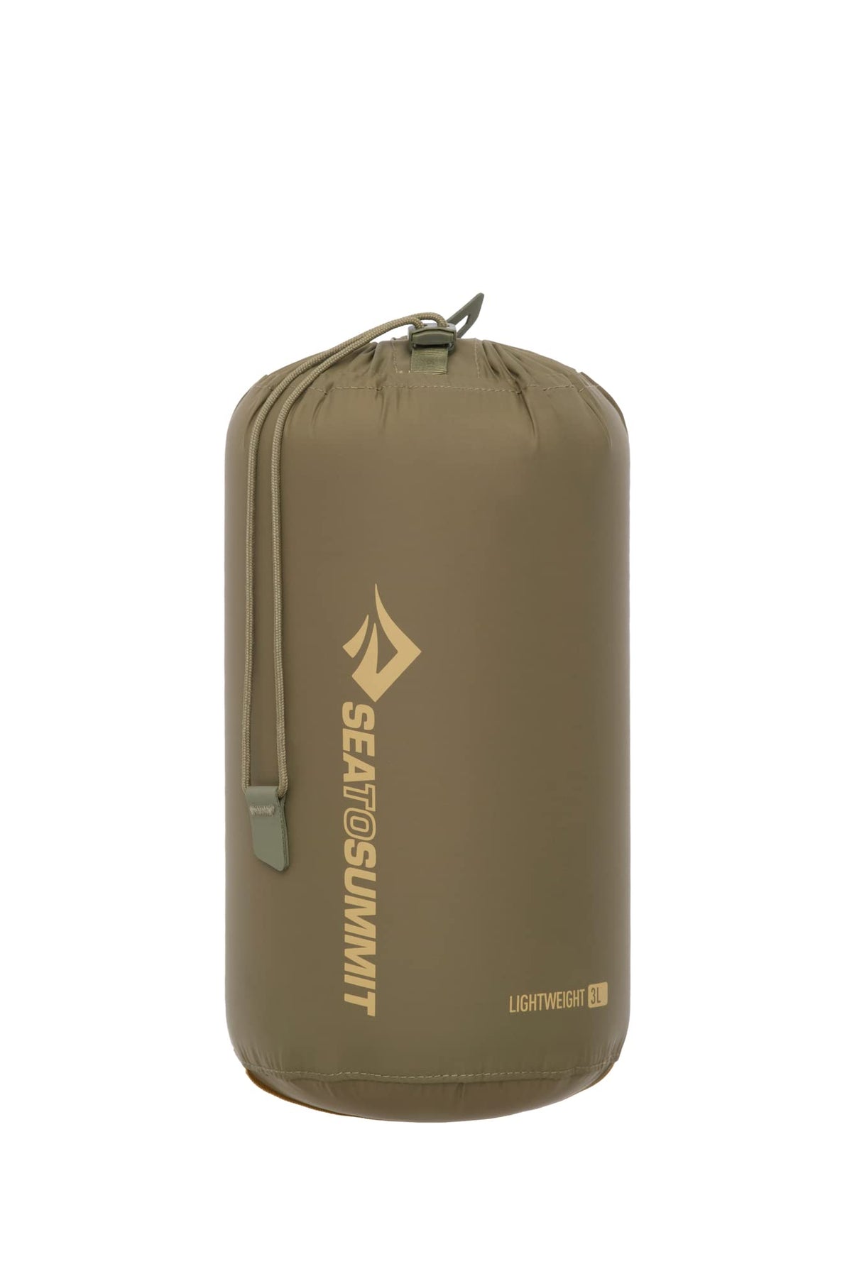 Sea to Summit front view olive green stuff sack showing compact packability and durable design