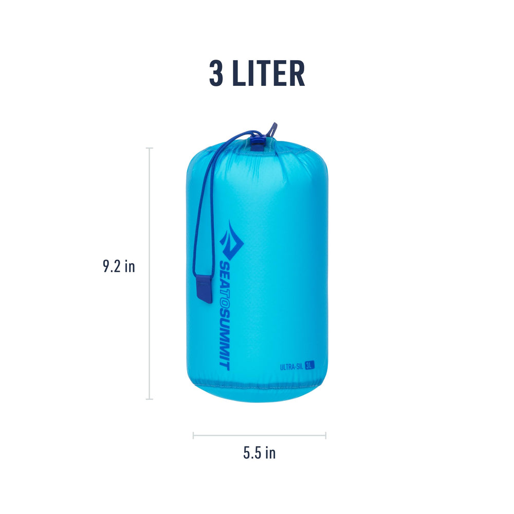 Sea to Summit next to water bottle showing 3L scale and portability