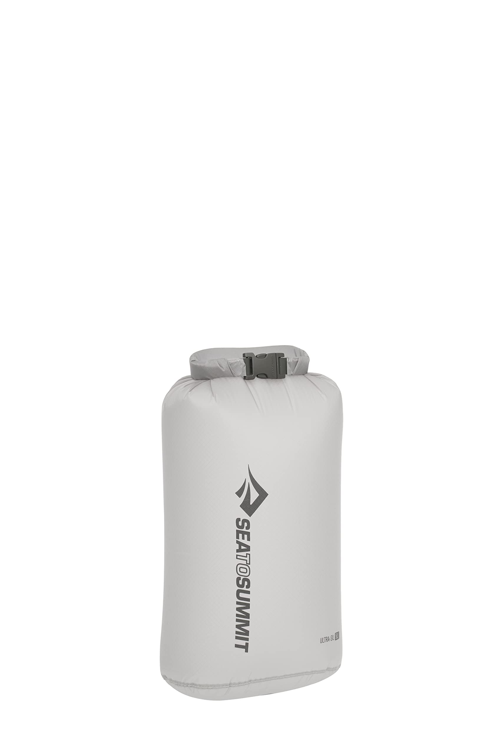 Sea to Summit front view of 5L Ultra-SIL dry bag showing compact highrise grey profile and protection