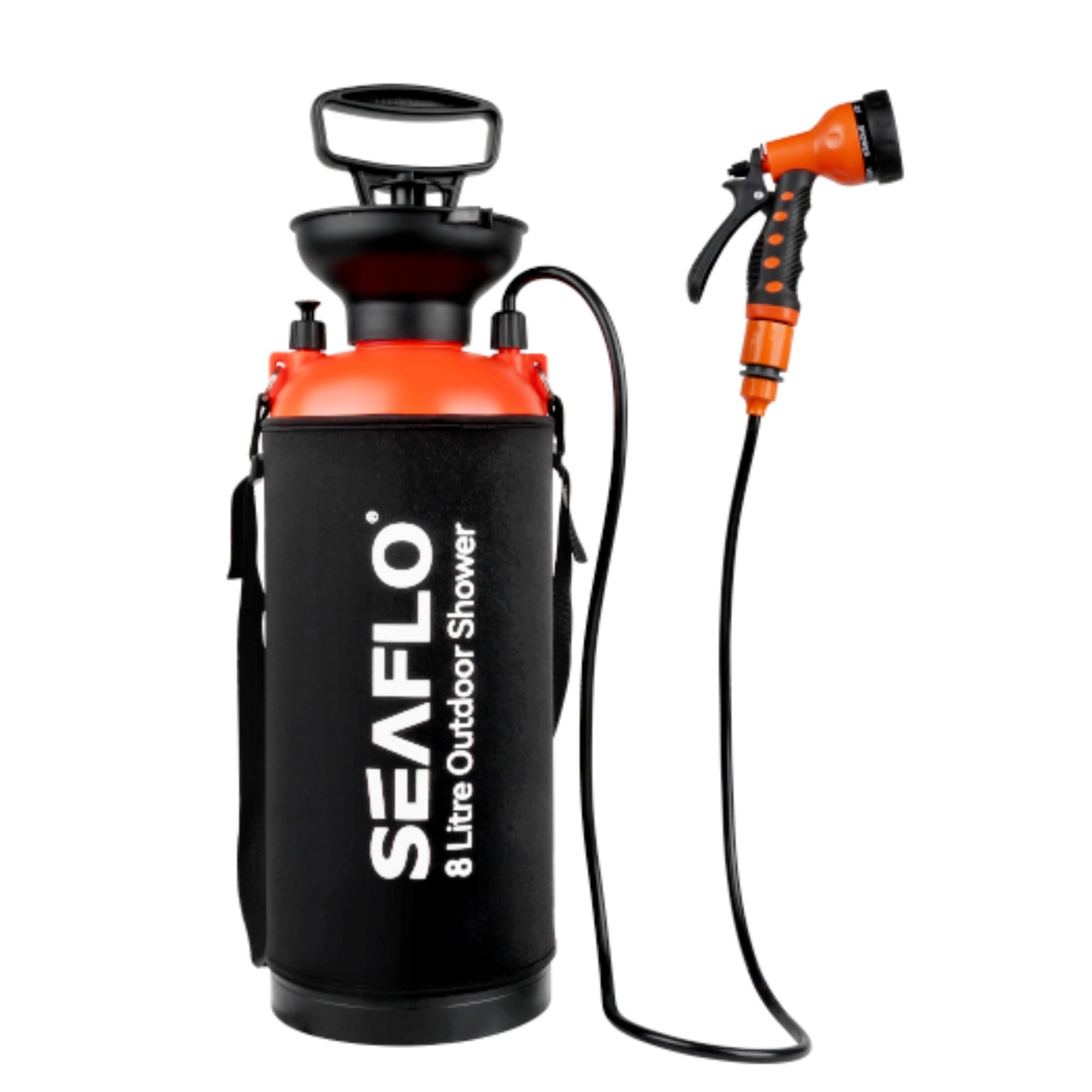 SEAFLO next to a backpack showing compact size and portability for camping and travel