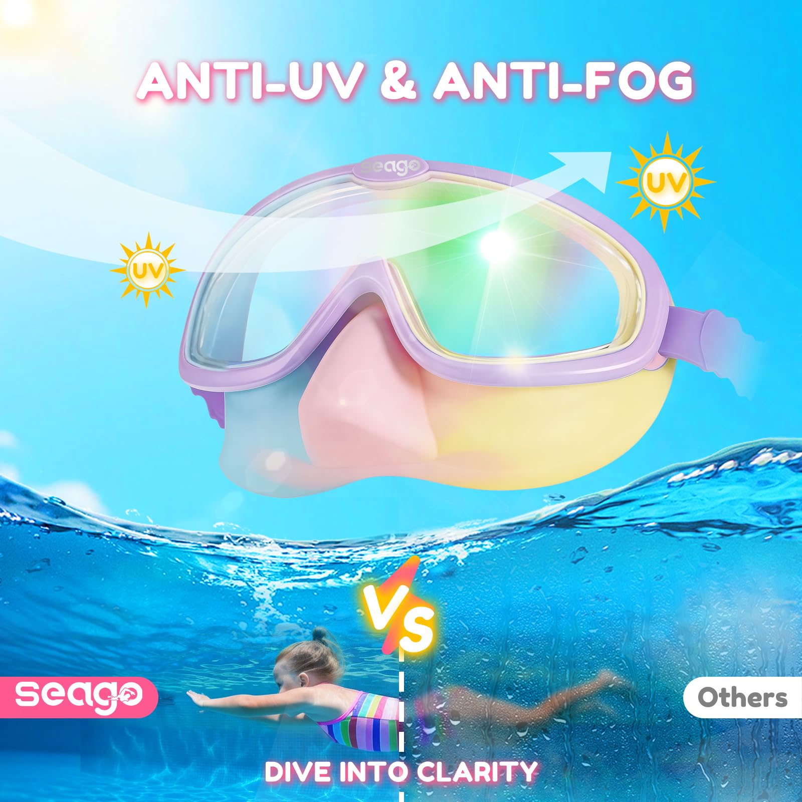 Seago child wearing goggles in pool demonstrating fit and clear vision benefit