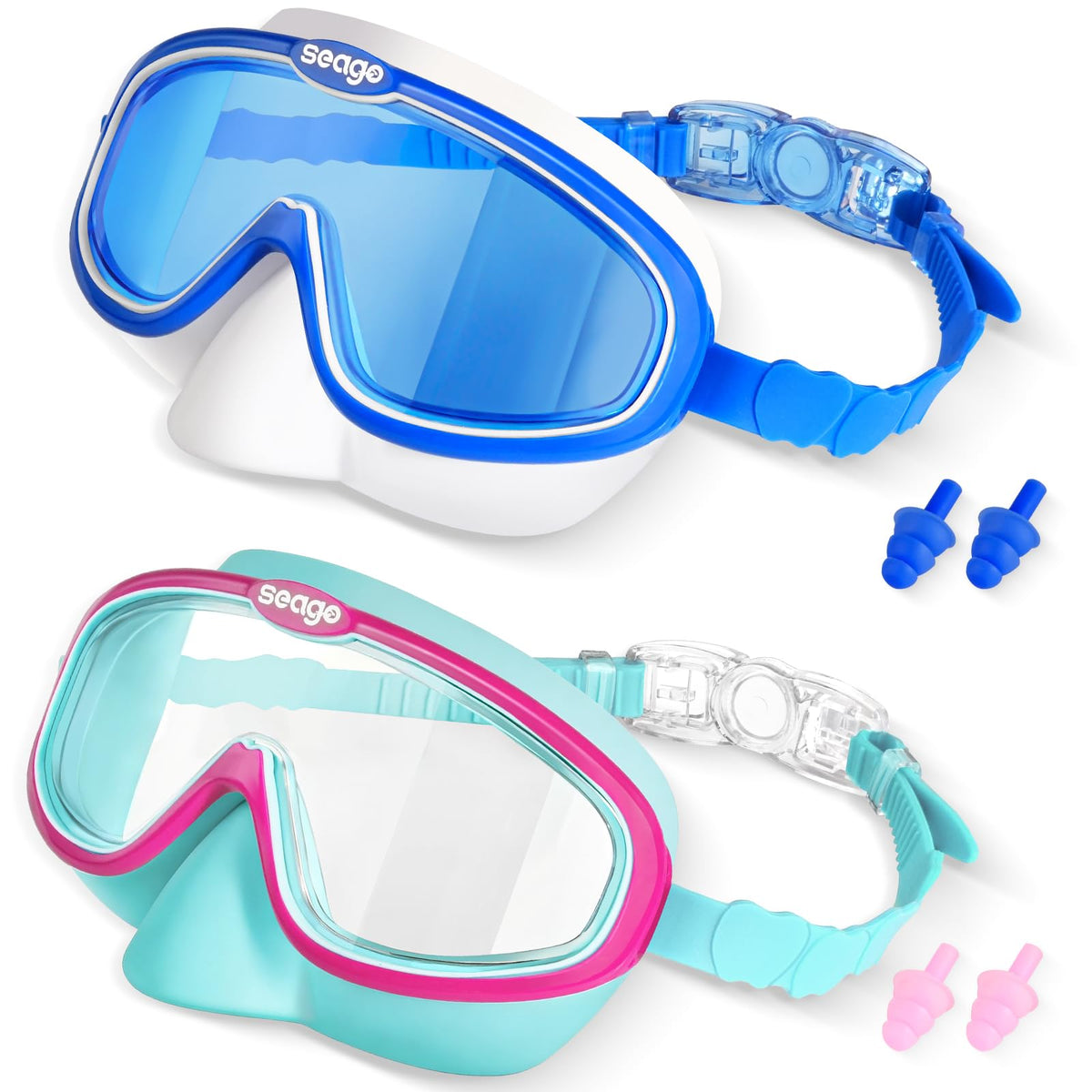 Seago front view of goggles showing full frame and packaging benefit comfort