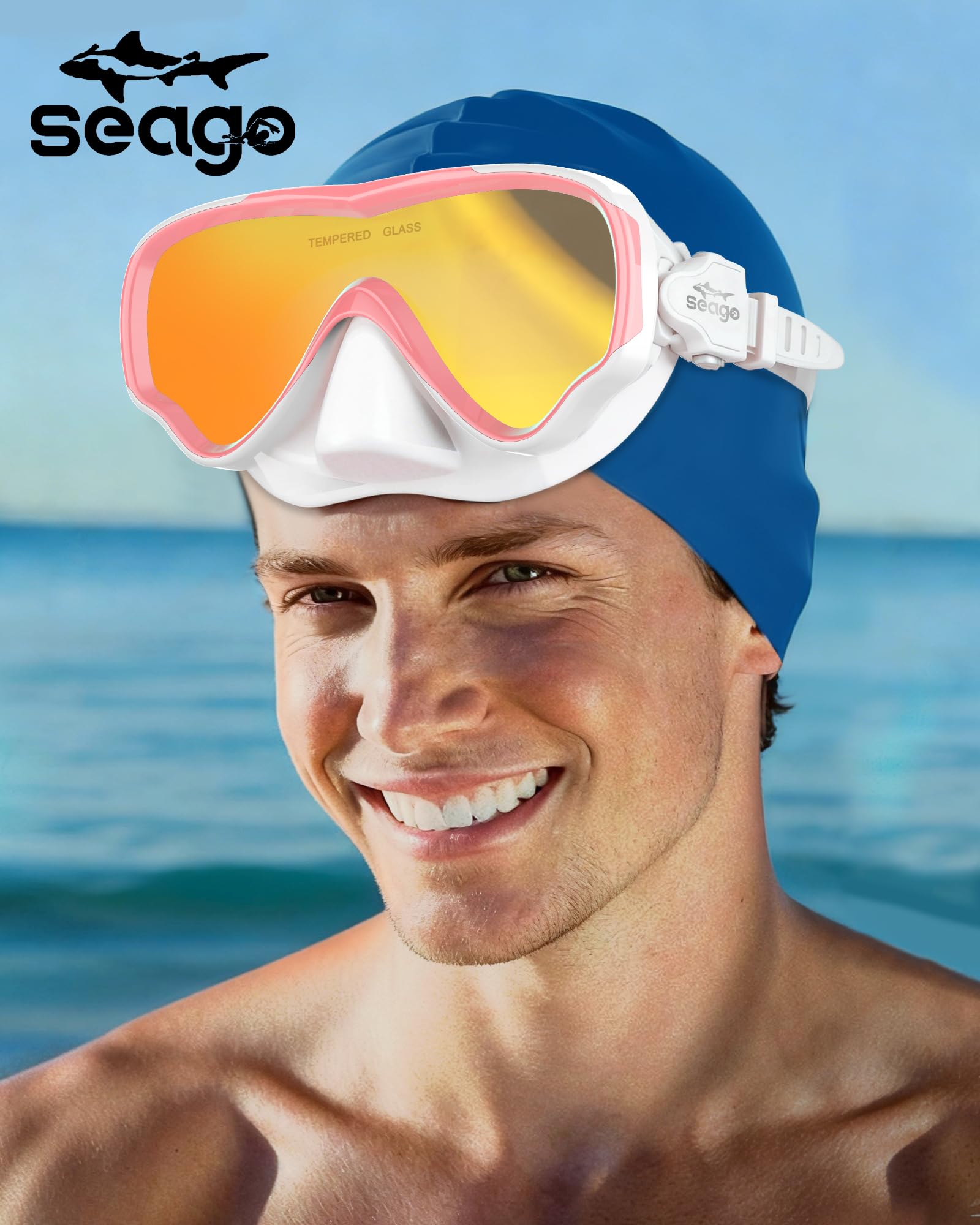 Seago in use on an open-water swimmer showing glare reduction and broad vision