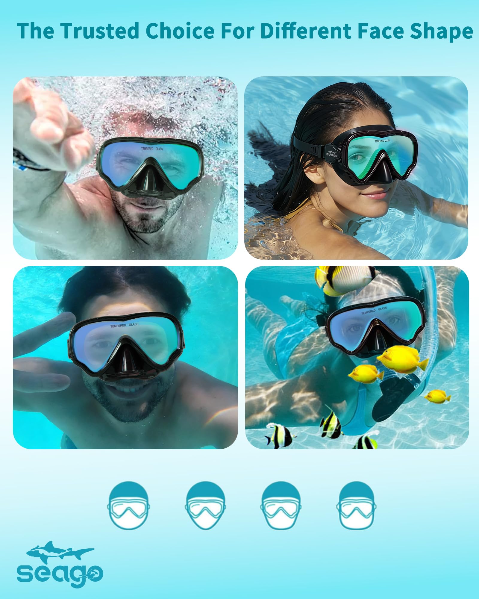 Seago goggles in use in open water highlighting panoramic vision and glare control
