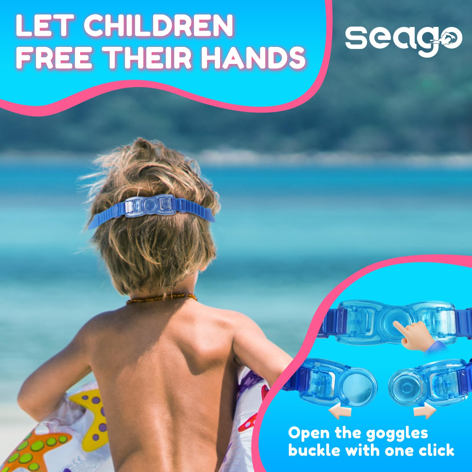 Seago child wearing goggles poolside showing clear vision and protection