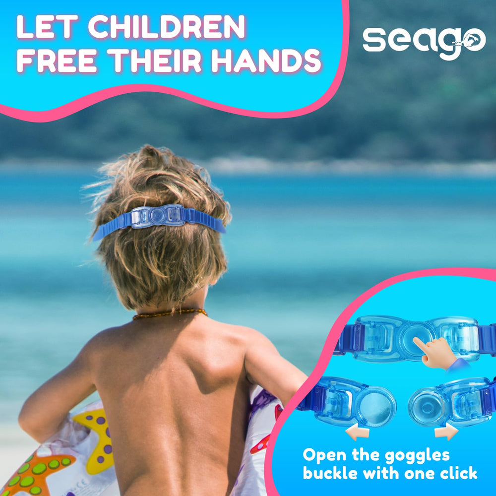 Seago child wearing goggles poolside showing clear vision and protection