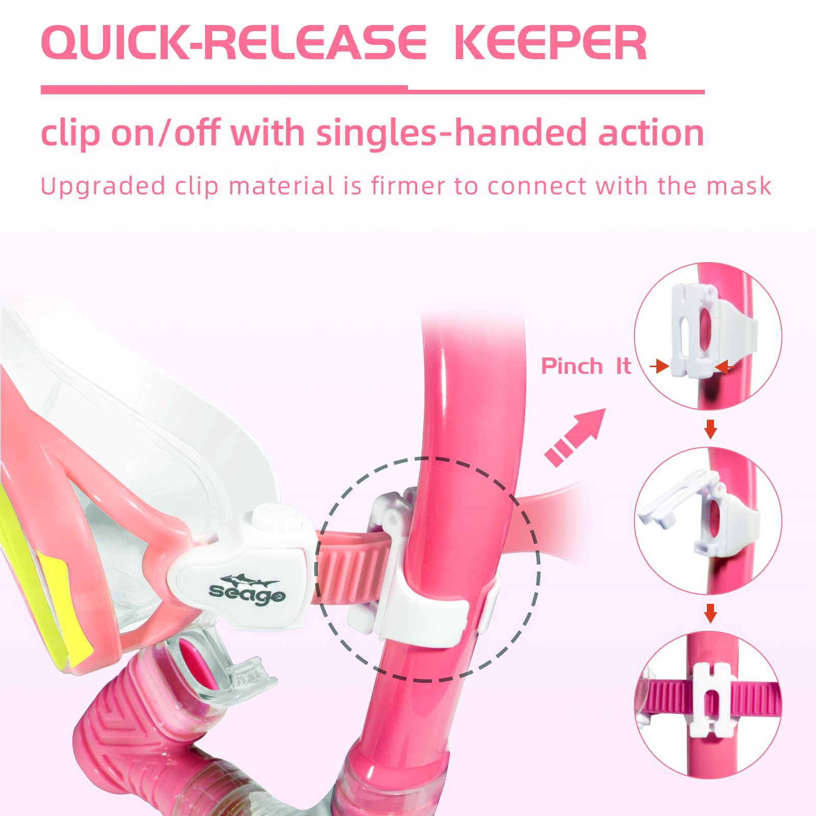 Seago quick-release clip and push-button buckle showing easy adjustment benefit