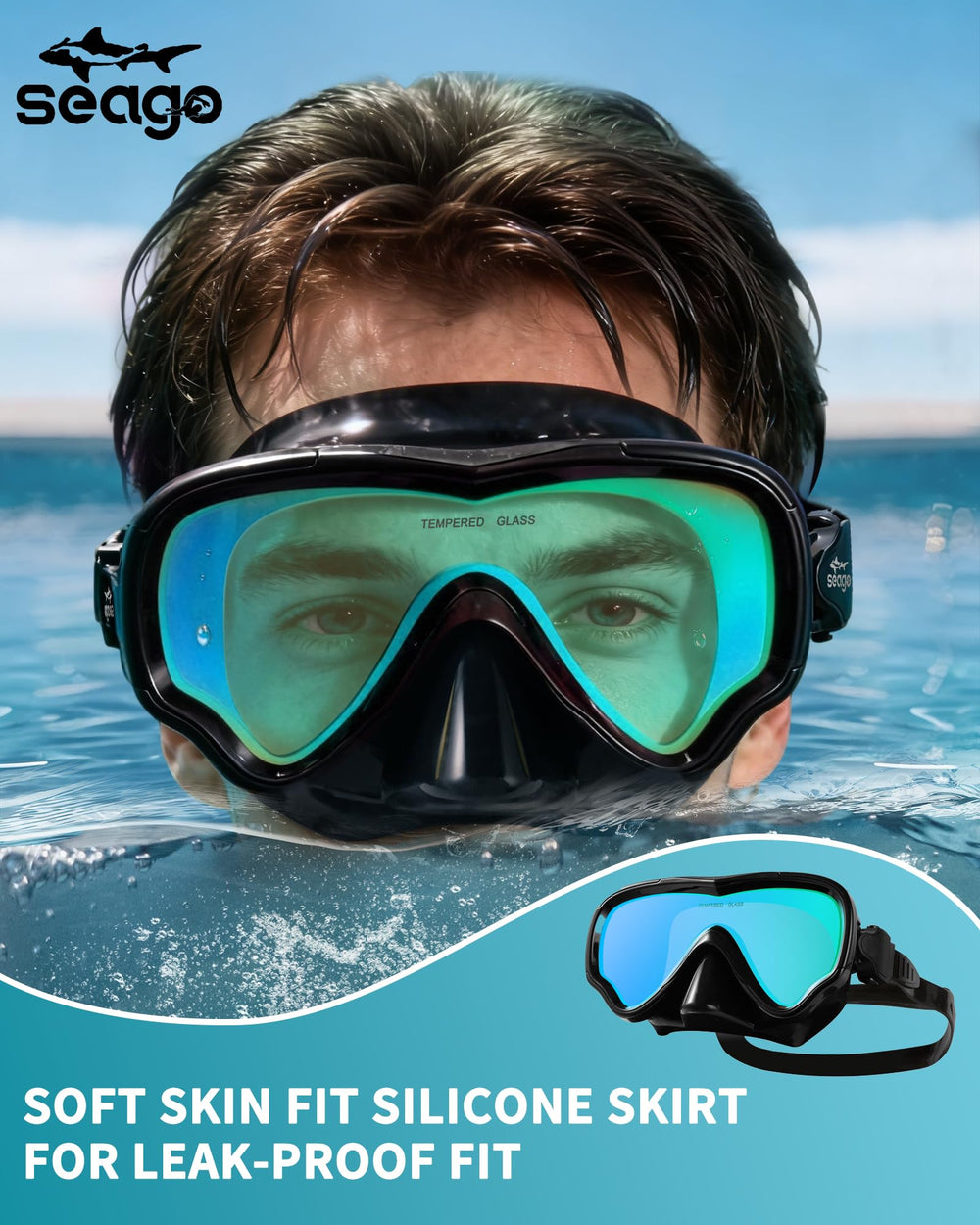 Seago goggles next to ruler showing compact size and accurate fit for adults